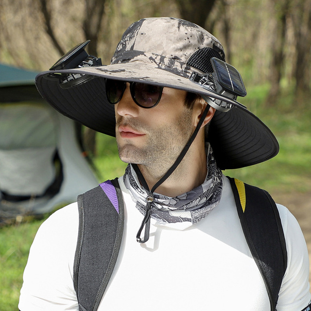 Dual Fan Solar Rechargeable Battery Lightweight Outdoor Sun protection Hat Breathable Mesh Fisherman Hat for Man and Woman