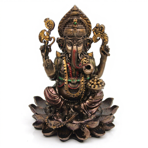 Estatua Tradicional Hecha a Mano de Resina con Acabado en Cobre del Dios Ganesha sobre Base de Loto, Ídolo del Dios Hindú, Decoración para el Hogar, Escultura Religiosa - Product Image 1