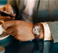 Montre-Bracelet Homme Winner Luxe Transparent Doré Boîtier Décontracté Cuir Marron Montre Mécanique Squelette