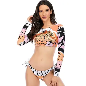 2022 женский леопардовый комплект бикини с длинным рукавом, летний купальник, пляжная одежда с высокой приличностью, купальный костюм и купальник