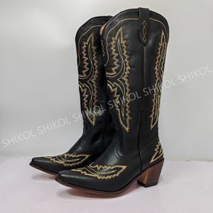 أحذية عالية للركبة من SHIKOL أحذية نسائية كلاسيكية مطرزة أحذية غربية بني من الجلد الأبيض لحفلات الزفاف في الهواء الطلق أحذية رعاة البقر للنساء - Product Image 3