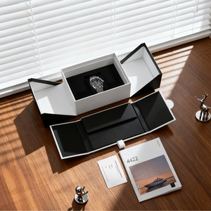 Scatola da collezione di orologi di lusso di nuovo Design nero lucido pianoforte laccato a doppia porta scatole di carta per orologio - Product Image 1