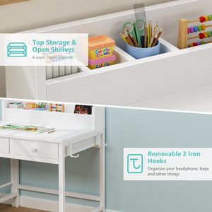 Ensemble <span class=keywords><strong>bureau</strong></span> et chaise blanc pour enfants, pour garçons et filles de <span class=keywords><strong>5</strong></span> à 8 <span class=keywords><strong>ans</strong></span>. Cette station d'étude pour enfants est équipée d'étagères à livres et de tiroirs en tissu. - Product Image 2