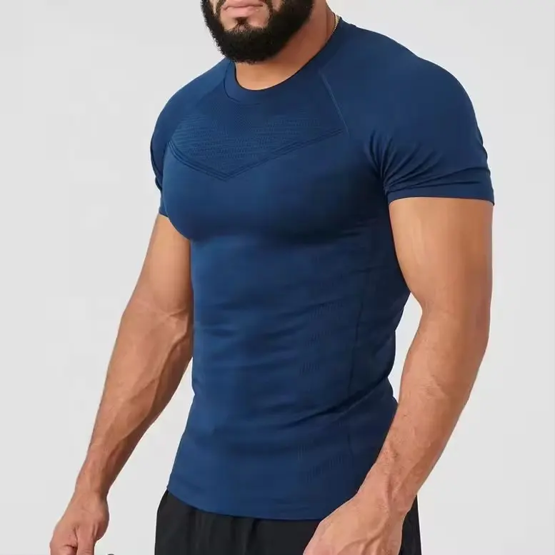 Custom Logo Naadloze Slanke Fitness T-Shirt Atletische Bodybuilding Muscle Tee Snel Droog Hoge Compressie Gym T-Shirts Voor Mannen