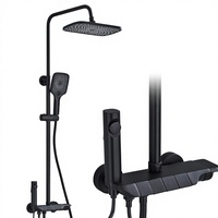 Ensemble complet de douche noir brossé avec barre coulissante, pommeau carré, fixation murale, système de douche pluie réglable en hauteur, quatre éléments