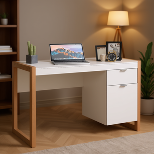 Scrivania moderna per computer con mobiletto e cassetto, superficie in legno bianco, postazione di lavoro per ufficio domestico - Product Image 2