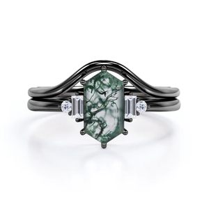 Bague de mariage et de fête classique en argent sterling 925, faite à la main, avec cinq pierres hexagonales en agate verte et moissanite de 0,8 carat - Product Image 6