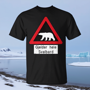 T-shirt con segnale di avvertimento orso polare delle Svalbard, copertura completa dell'isola, Norvegia - Product Image 3