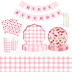 DAMAI Picnic Party Kids Birthday Party Supplies Cherry pink Plaid Elements <b>Disposable</b> <b>Tableware</b> Paper Napkins Cups Plates - Product Image 3
