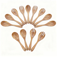 Set peralatan makan datar kayu pernis alami, Set sendok Salad sayuran warna cokelat panjang 25cm, sendok garpu tangan