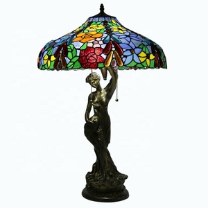 LongHuiJing Newly Handmade Glass Desk <b>Lights</b> Vintage 18Inch Stained Glass Lampshade Tiffany Style Oval Art Flower Stand Lamps - Product Image 5
