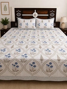 <b>King</b> <b>Size</b> Floral Hand Block Print Cotton Bedsheet Set White Indian Jaipur Handmade Bedding with 2 Pillow Covers - Product Image 6