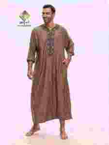 Túnica de Algodón Marrón para Hombre Al Haramain, Manga Tres Cuartos, Largo hasta el Tobillo, Corte Holgado, Estilo de Oriente Medio, Uso Diario Informal - Product Image 4