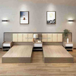 Hotel <b>Platform</b> <b>Bed</b> Set Durable Wooden <b>Frame</b> with Panel Headboard and Matching Nightstands for for 3 Star Hotel Bedroom Furniture - Product Image 1