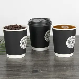 Black Printed 8oz 12oz 16oz 20oz Biodegradable Double Wall Paper Cups For Tea Coffee Milk With Lid Made by Food Grade Paper