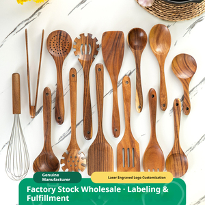 أدوات مطبخ خشبية مخصصة بالجملة، إكسسوارات وأطقم أدوات طبخ من 9 قطع: ملاعق، ملاعق تقليب، مغارف من خشب الساج والأكاسيا، وأدوات بامبو - Product Image 2