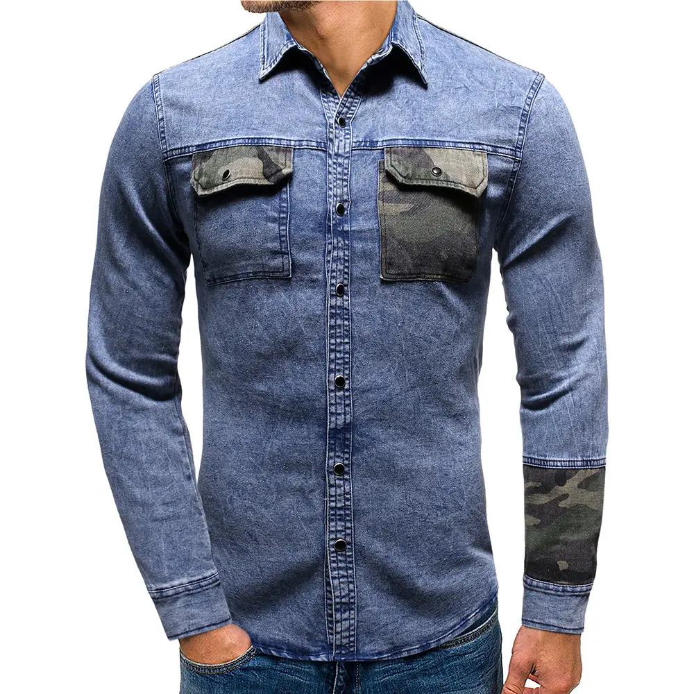 Camisa jeans de patchwork para homens, camisas vintage, logotipo personalizado de mangas compridas, camisas de denim lavadas