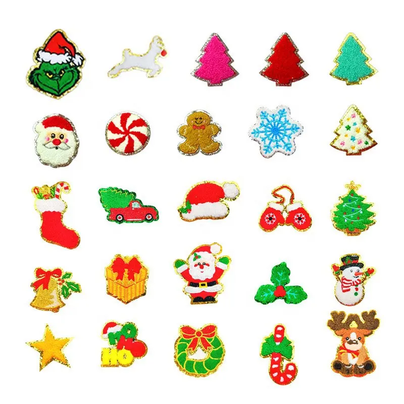 Grosir besi pada Chenille Patch pohon Natal permen Santa rusa kutub Applique Patch dengan Glitter emas Trim Natal Patch