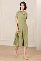Robe midi boutonnée élégante et respirante en tissu tissé à manches courtes pour femme, taille naturelle, idéale pour l'été