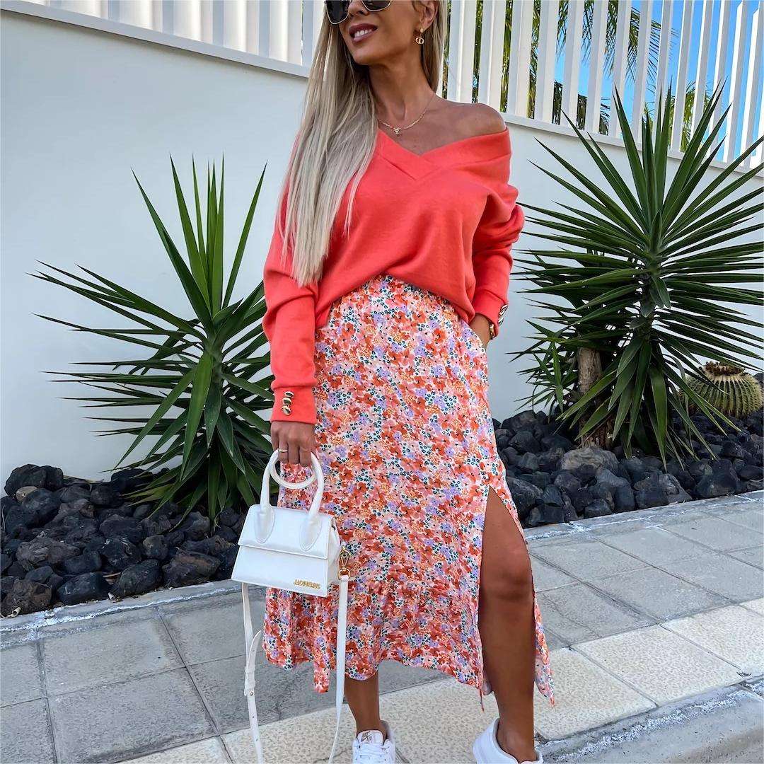 Floral Red Top Denim Skirt Suspender Jeans Skirt Women's Denim