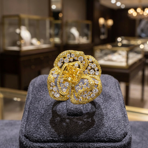 Luxury Premium 5A Radiant Cut Faux Yellow Diamond Cubic Zircon <b>Sterling</b> <b>Silver</b> Golden Flower Cocktail <b>Ring</b> Earrings Jewelry <b>Set</b> - Product Image 2