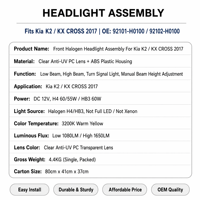 Phare halogène OEM à ajustement direct, phares de voiture, pièces automobiles pour Kia K2 (Rio) 2017 OE 92101-H0100 / 92102-H0100