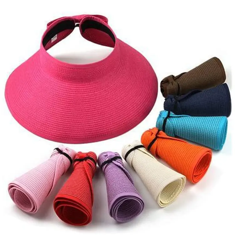 Custom Logo Embroidery Print UV Protection Summer Beach Adult Women and Kids Wide Brim Visor Roll Sun Hat