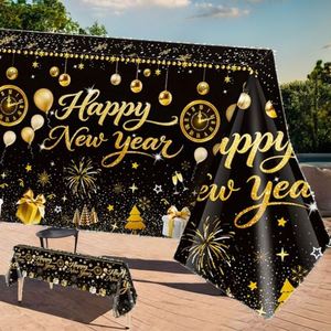 Waterproof Black Gold Disposable New Year's Party Tablecloths, Rectangular <b>Table</b> Cover for NYE Countdown Celebration - Product Image 2