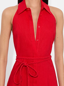 Chic rojo cuello Halter Maxi vestido con cintura cuerda lazo adecuado vacaciones eventos vestido de lino - Product Image 2