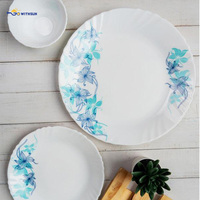 Service de table en verre opale 19 pièces, bord festonné, motif floral bleu et cyan, vaisselle en verre opale trempé pour usage domestique quotidien