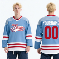 Jersey de Hockey sobre Hielo Personalizado para Entrenamiento de Invierno, Transpirable, Ecológico, Azul Cielo y Rojo, Cuello en V, Talla Grande para Portero
