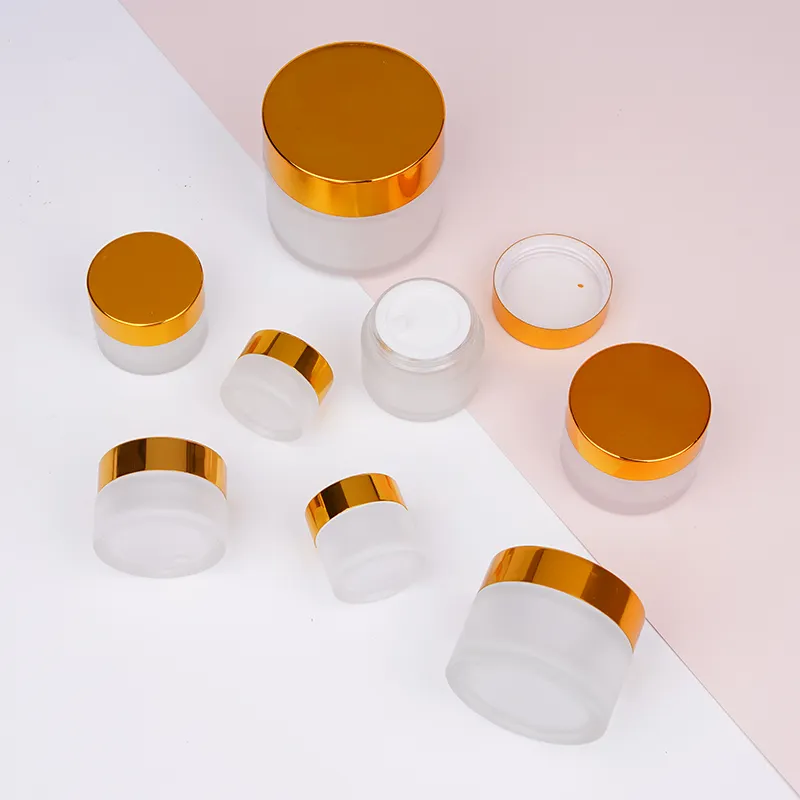 Empty Cosmetic Bottle Packaging 30ml 50ml 100ml Matte Glass Skincare Cream Jar with Gold Lid