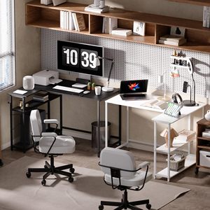 Bureau d'ordinateur en forme de L SENYU, surface métallique, rangement, bureau d'angle noir avec plateau pour clavier et gestion des câbles - Product Image 3