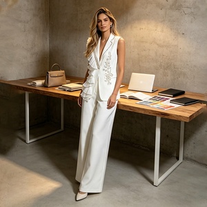 AIMEISI En stock – Ensemble tailleur 2 pièces tendance avec <span class=keywords><strong>veste</strong></span> <span class=keywords><strong>sans</strong></span> manches à volants et strass et pantalon droit – Costumes et blazers pour femmes - Product Image 2