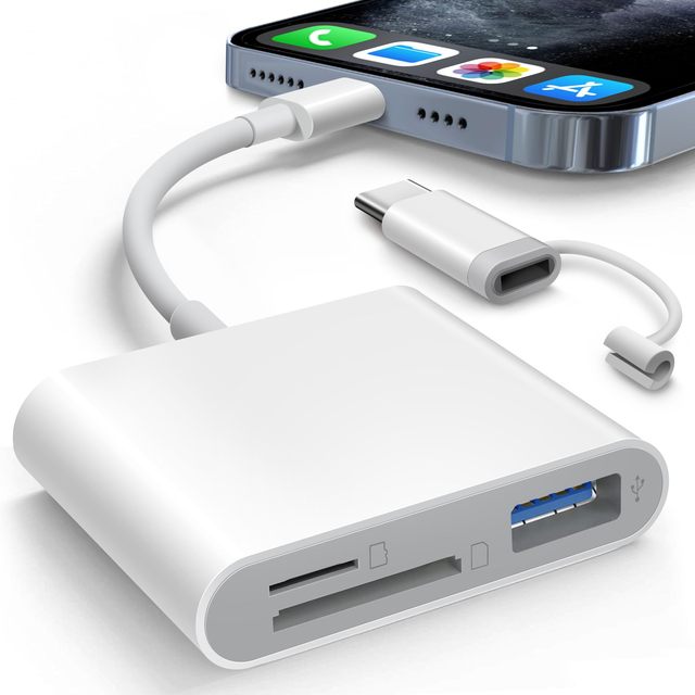 3 in 2 SD Card Reader for iPhone iPad USB-C Dual Connectors Card Adapter with SD MicroSD USB-A 3 Slots Memory Card Viewer