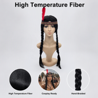 Perruque synthétique longue tressée marron style autochtone avec doubles tresses pour fête d'Halloween et déguisement