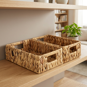 <b>Rectangular</b> Natural Water Hyacinth Storage <b>Basket</b> With Handles Rustic Style Multi Purpose Organizing Tray - Product Image 3
