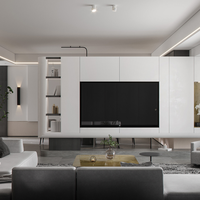 Meuble TV avec étagères ouvertes et tiroirs, minimaliste, en MDF gris, pour hall d'hôtel, en chêne clair