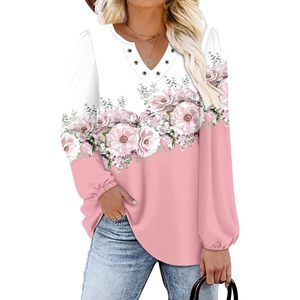 Blusa de moda de otoño informal suave con estampado floral y cuello en V de manga larga para mujer - Product Image 1