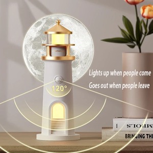 Motion <b>Sensor</b> Night <b>Light</b> Lighthouse with Moon Projection 3m Detection USB Rechargeable Bedside Lamp for Hallway Bathroom - Product Image 3