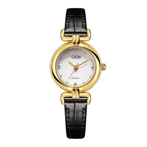 Reloj redondo dorado para mujer, correa de cuero marrón, marcadores de cristal, elegante reloj de pulsera de cuarzo - Product Image 5