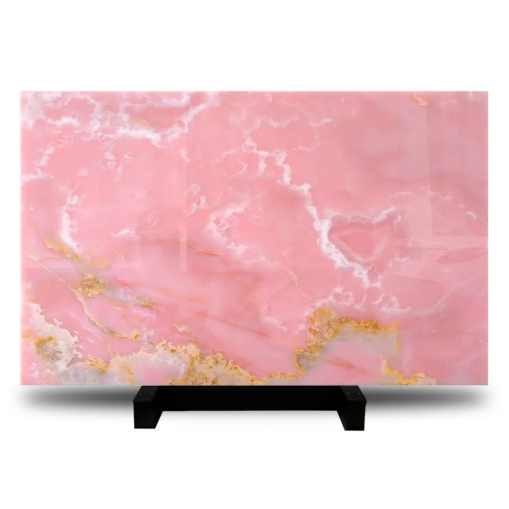 Backlit alami tembus pandang Pink Onyx marmer batu lembaran disesuaikan ubin dan Vanity Top