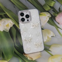 Coque de téléphone 3D Nœud Rose avec cadre d'appareil photo en strass scintillant, antichoc pour iPhone X 11 17 18 Pro Max, Samsung Redmi OPPO