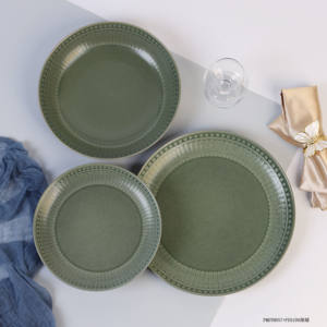 Service de table en céramique en grès vert forêt avec texture de bordure perlée, couleur unie, vaisselle moderne pour un usage quotidien - Product Image 3