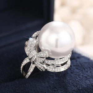 T0568 Women's Cocktail <b>Ring</b> Freshwater <b>Pearl</b> Bowknot Pave Setting Round Brilliant Cut Wedding Fine Jewelry - Product Image 2