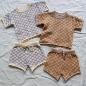 IMF Customized 100% Organic Cotton Baby Children Checkered Clothing Sweater Bloomer Suit