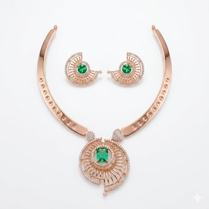 Parure de collier et boucles d'oreilles en argent 925 plaqué or rose italien avec pierre verte, bijoux de luxe pour mariée et soirée pour femme - Product Image 1