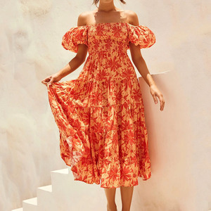 Новое повседневное платье макси из вискозы с гавайским принтом, оборками, пышными рукавами и многослойной юбкой без бретелек, на заказ - Product Image 4