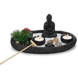 Kit de décoration de jardin zen personnalisé de 8x8 pouces plateau de sable naturel avec figurines de bouddha lotus et mini râteau japonais méditation d'art en résine