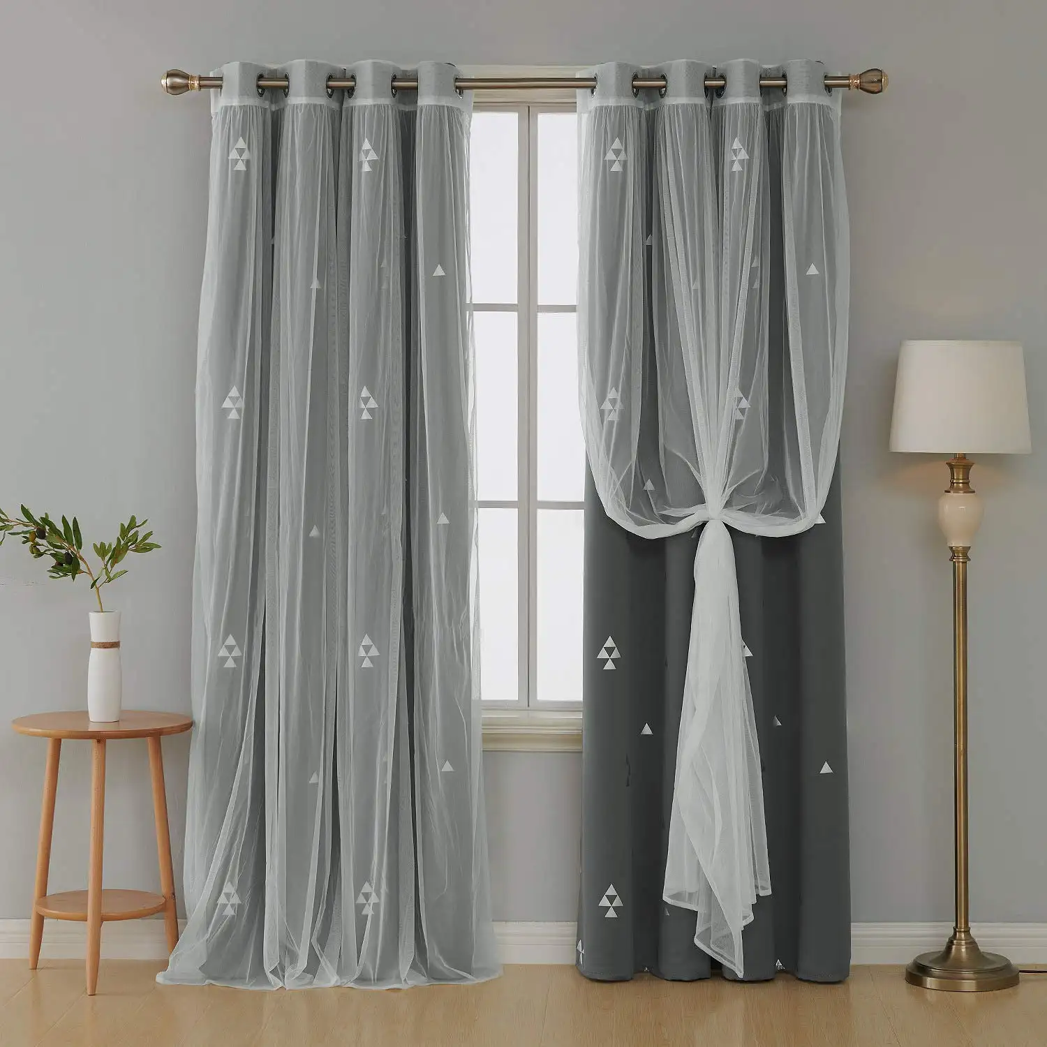 Triangle Printed Blackout Curtains White Tulle Lace Sheer Curtains BoyためのRoomとGrommet